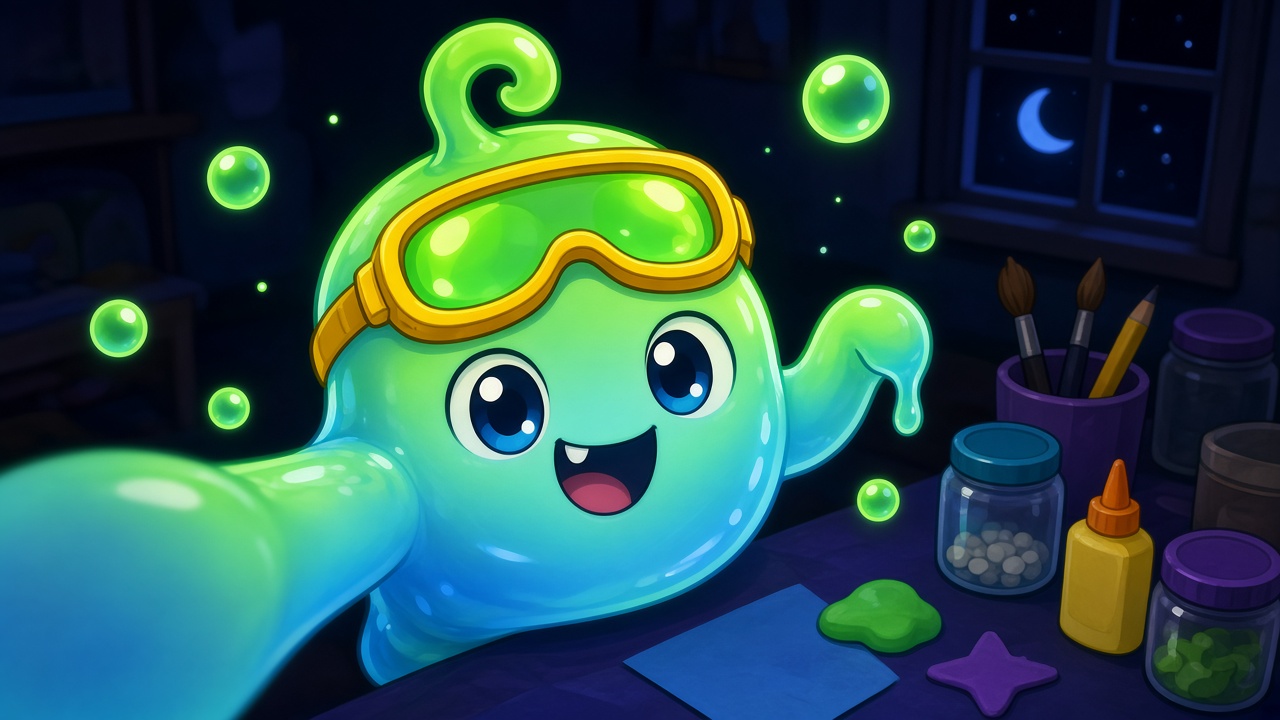 GLOOP, een gloeiend blauwgroen slijmwezentje met een gele duikbril, zwaait in een donker knutselkamertje.
